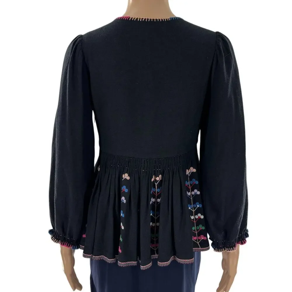 Ulla Johnson Black Maja Embroidered Peplum Peasant Blouse